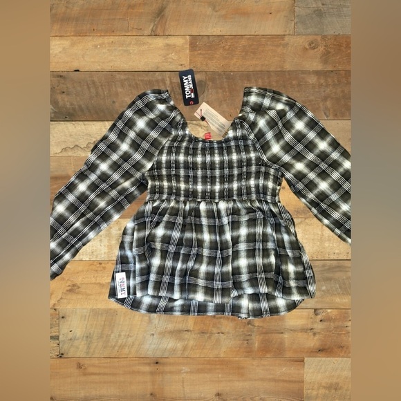 Tommy Jeans Womens Size Medium Plaid Peplum Smocked Top •Scoop Neck Long Sleeves - Picture 10 of 16